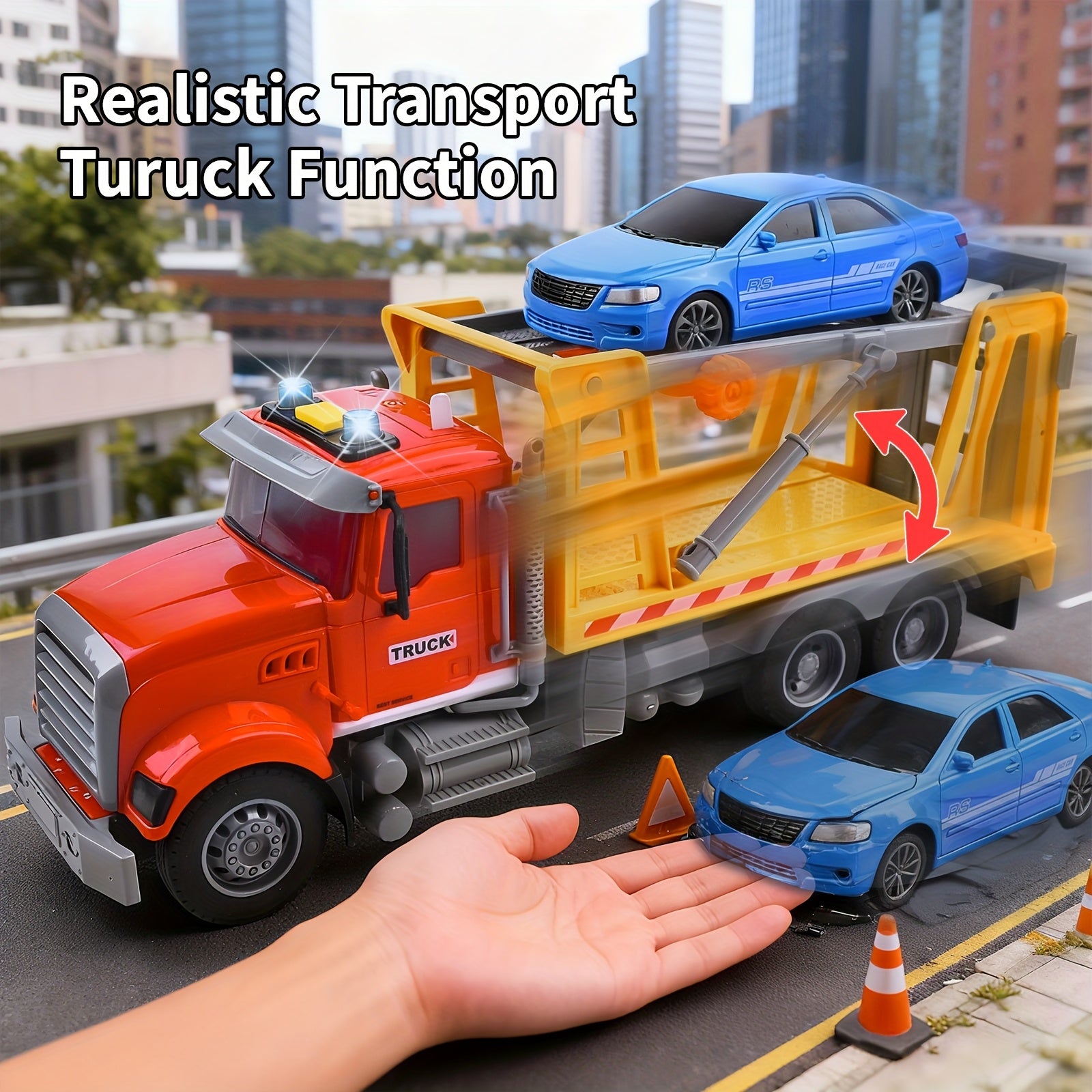 13-Inch Tow Truck Toy for Kids with Lights & Sounds – Friction Powered Transport Crane Truck with Movable Arm & Roadster, Birthday Gift for Boys Ages 3 4 5 6
