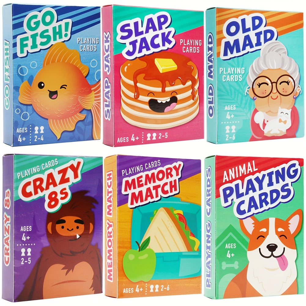 6-in-1 Kids Card Games Set Go Fish Old Maid Crazy Eights Memory Match Slap Jack Animal Cards 6 Decks Family Game Night Ages 4+ Birthday Gift