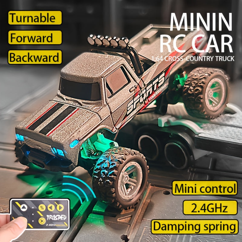 1:64 Mini RC Alloy Monster Truck with Trailer - 2.4GHz Off-Road Pickup Rock Crawler, Body Lights & Headlights, Tabletop Decor, Birthday Christmas Gift for Boys