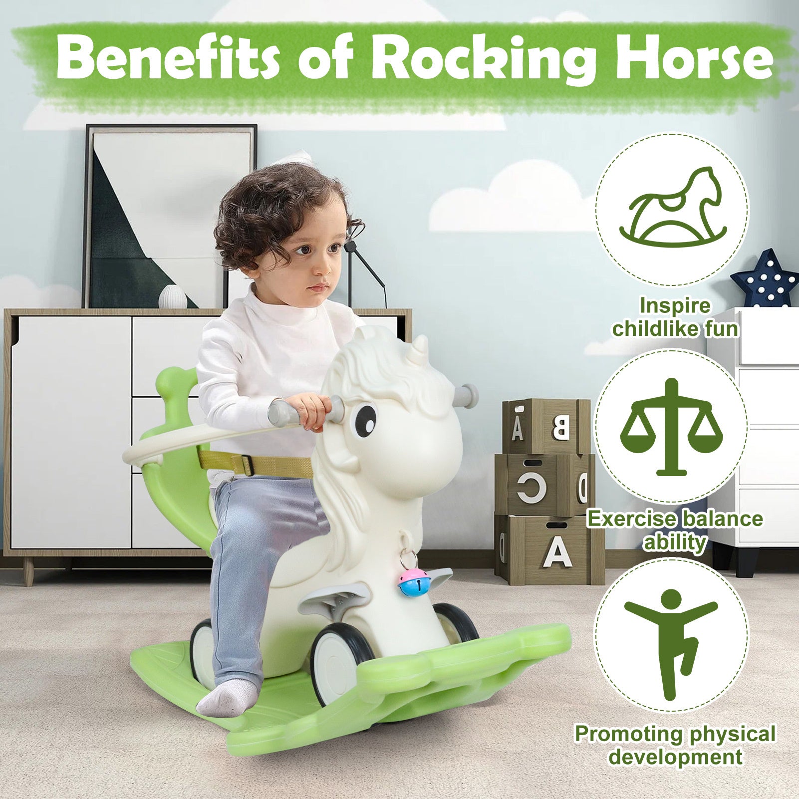 3 in 1 Rocking Horse for Toddlers 12M+ – Detachable Balance Bike, Ride-On Toy & Push Handle, Balance Board, Safe Indoor Outdoor Baby Gift for Boys & Girls Ages 1+