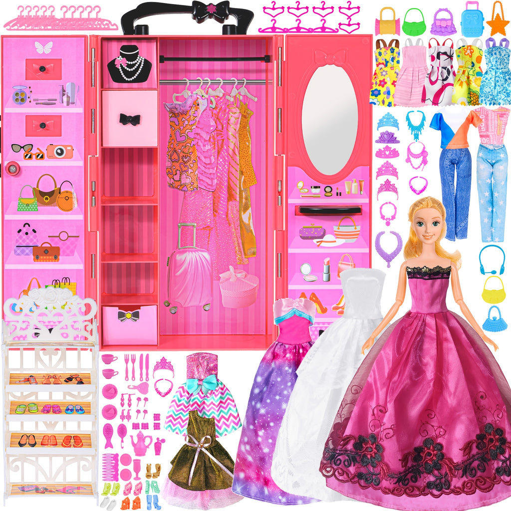 Fashion Doll Wardrobe Set 140pcs for 11.5 Inch Dolls – Includes Doll, Closet, Wedding Dresses, Shoes & Accessories, Gift for Girls Ages 6-12