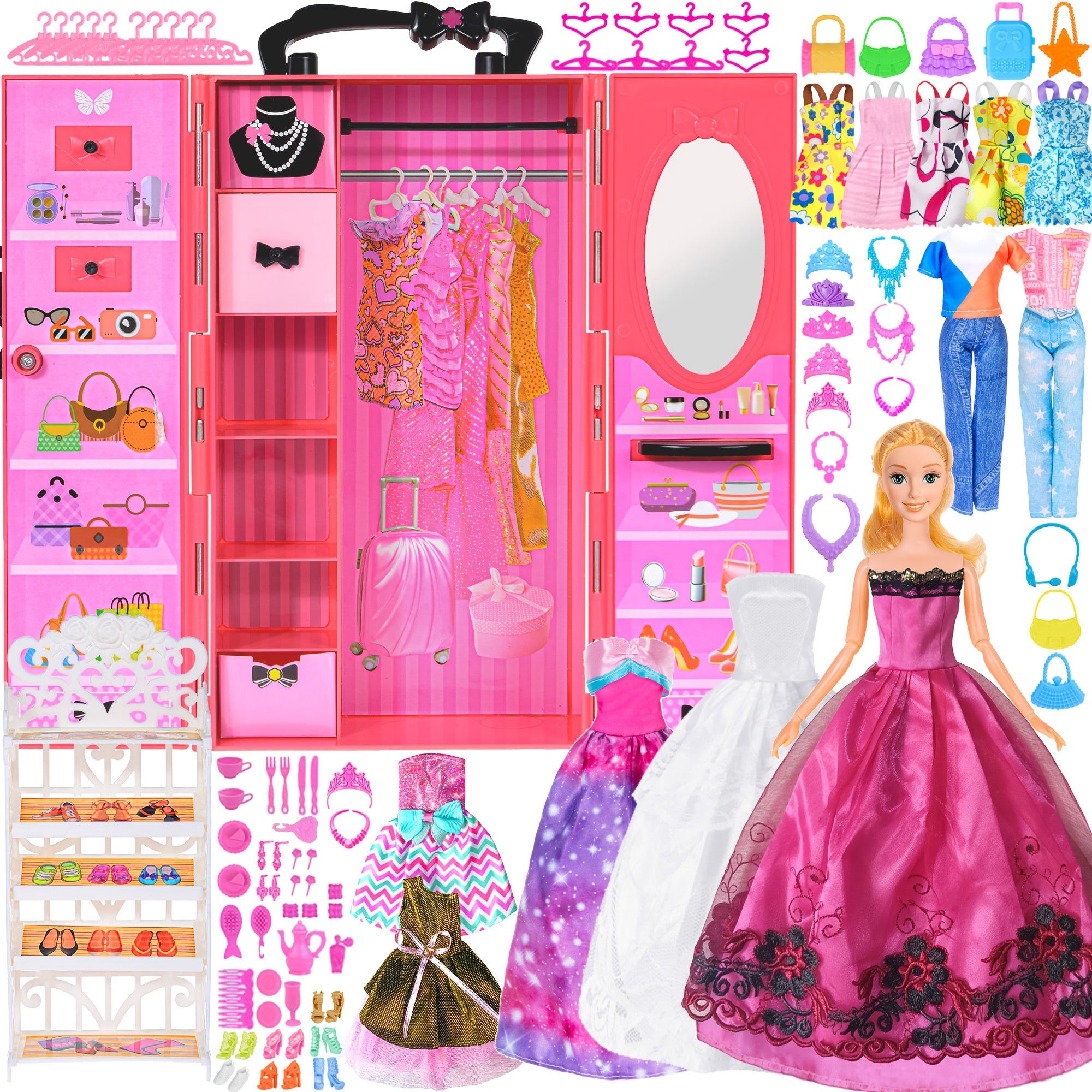 Fashion Doll Wardrobe Set 140pcs for 11.5 Inch Dolls – Includes Doll, Closet, Wedding Dresses, Shoes & Accessories, Gift for Girls Ages 6-12