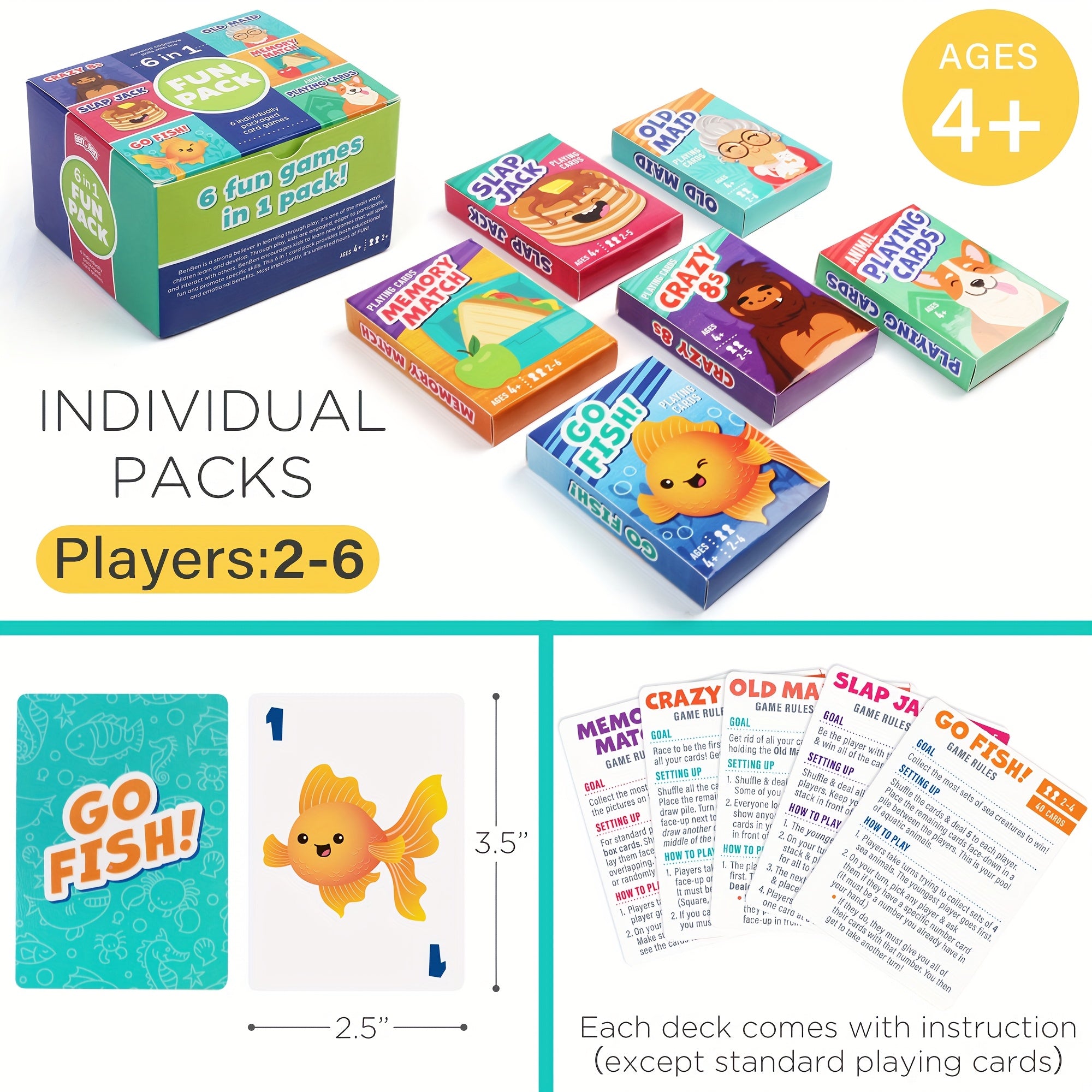 6-in-1 Kids Card Games Set Go Fish Old Maid Crazy Eights Memory Match Slap Jack Animal Cards 6 Decks Family Game Night Ages 4+ Birthday Gift