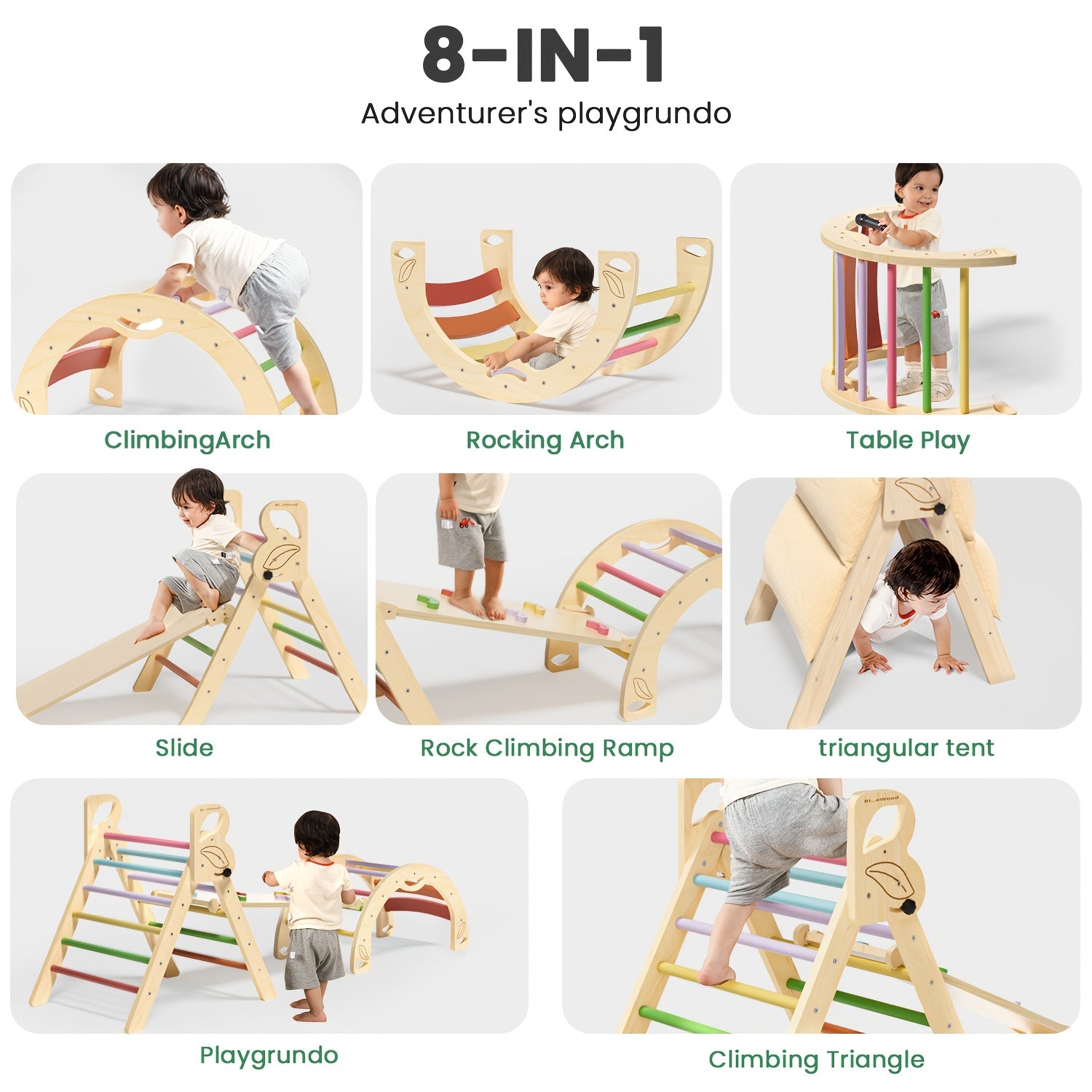 Pikler Triangle 8-in-1 Foldable Wooden Climbing Set Toddlers Indoor Jungle Gym with Slide Arch Rocker Montessori Toy Ages 1 2 3 4 5 Birthday Christmas Gift