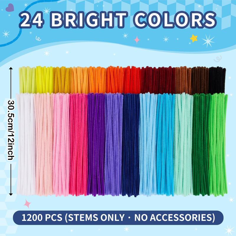 Pipe Cleaners Bulk for Crafts, 12-Inch Chenille Stems with 24-Color 1200-Piece Option, DIY Flower Bouquet Kits & Accessories