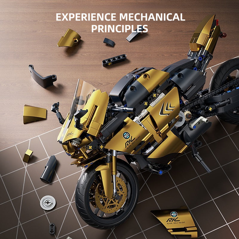 Motorcycle Building Blocks 1000pcs 1:10 Scale DIY Model Kit – Black & Gold Collectible Motorbike Display Ornament for Adults – Large Size Brick Set, Birthday & Christmas Gift for Motorcycle Fans