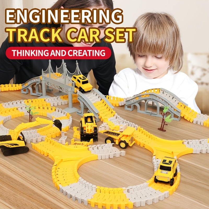 Kids Electric Track Car Toy Set Engineering Race Track with Elevated Bridge Tunnel Roller Coaster Scene Building Assembly – Birthday Gift Boys Girls Ages 3-8
