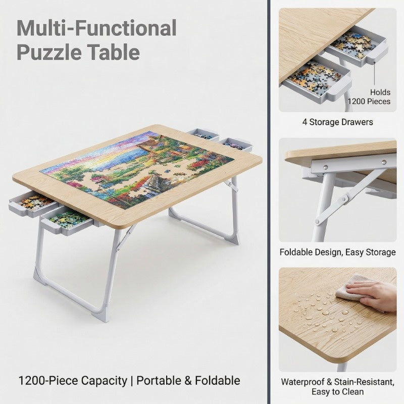 Foldable Puzzle Table with 4 Drawers – Portable Wood-Finish Puzzle Board & Storage Workbench for 1500 Pieces, Lightweight Puzzle Aid for Adults & Seniors, Room Decoration