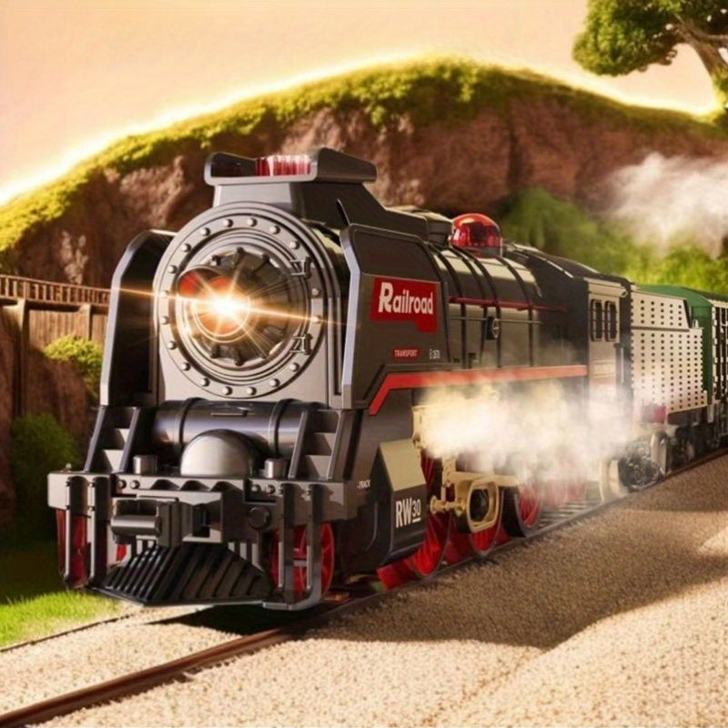 T627A Retro Steam Train Set with LED Lights, Smoke Spray & Realistic Sound Effects – 7-Piece USB Rechargeable Electric Train Toy Gift