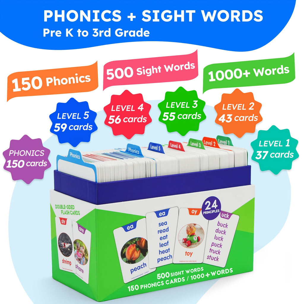 500 Sight Words & 150 Phonics Flash Cards Set – 1000+ Words, Dolch & Fry High Frequency Words, CVC Blends & Long Vowels, Learn to Read for Pre-K to 3rd Grade Kids