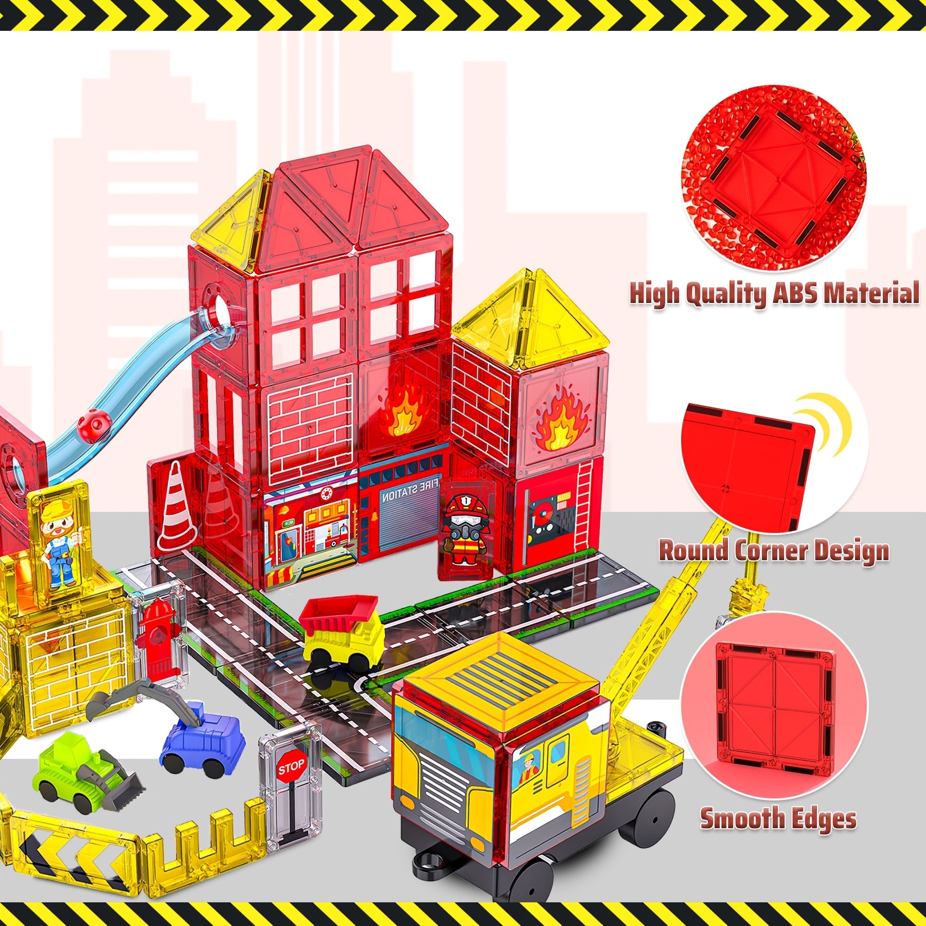 Magnetic Tiles Fire Rescue Set for Kids Ages 3+ – STEM Construction Toy with Fire Truck, Crane, Building & Road Tiles – Firefighting Magnetic Building Blocks Birthday Christmas Gift for Boys & Girls