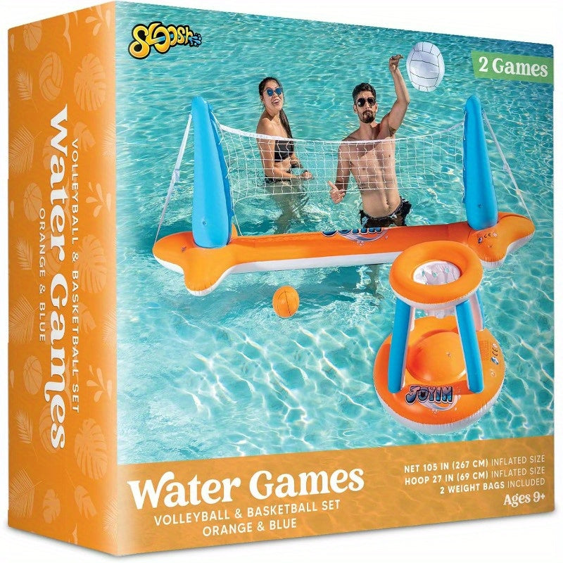 Inflatable Pool Float Set Volleyball Net & Basketball Hoops Swimming Pool Games for Kids Adults Summer Party Floaties Outdoor Water Sports Toy Orange