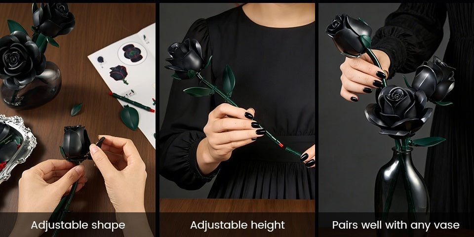 Gothic Black Rose Building Block Set 152pcs – 3 Artificial Flower Bouquet Bricks Art Piece, Unique Party Gift & Home Decor for Rose Lovers