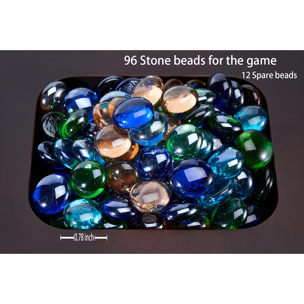 Mancala Board Game Set 4-Player Luxury Solid Wood Folding Board – 96+12 Bonus Multicolor Glass Stone Beads, Instructions Included, Classic Family Strategy Game Gift for Kids Adults Halloween Christmas