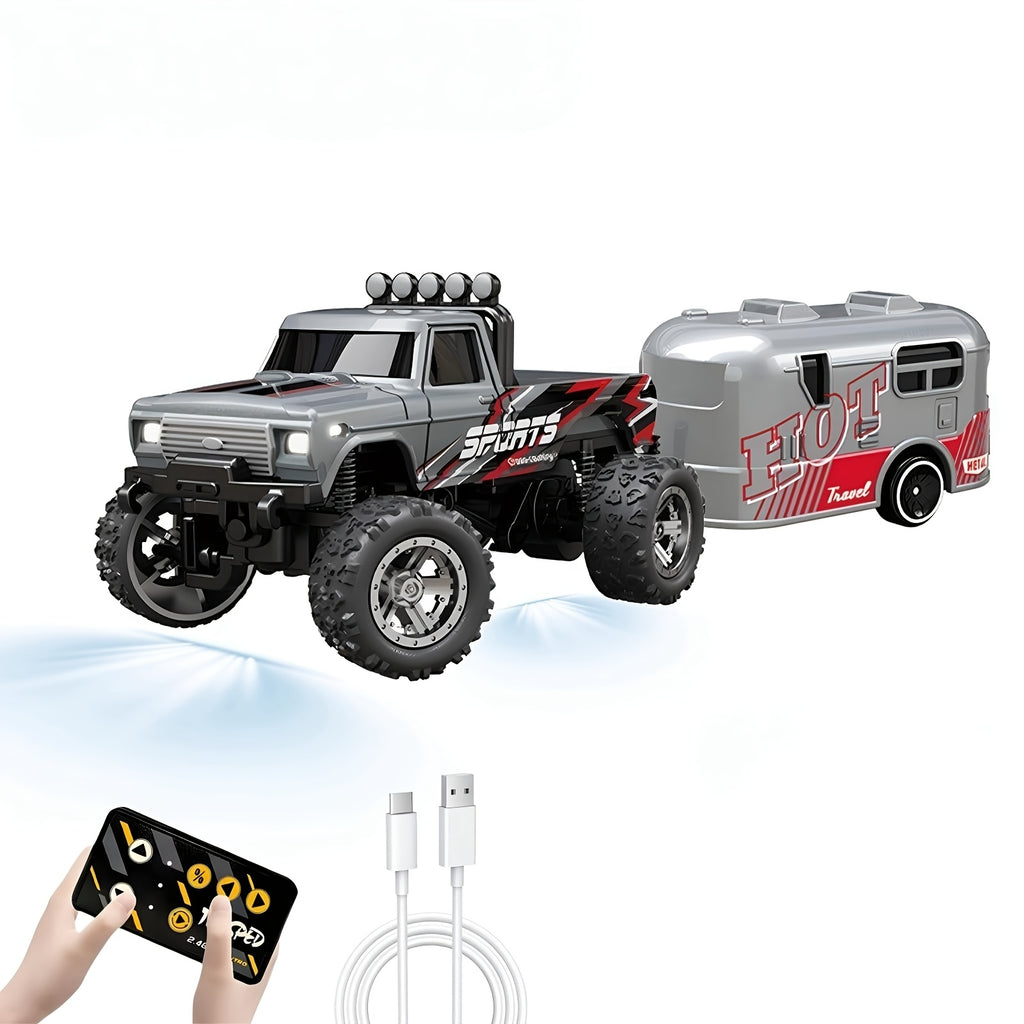 Mini RC Off-Road Truck 1/64 Scale Die-Cast with Trailer & Lights, 2.4GHz Rechargeable Climbing RC Car Adjustable Speed Pocket-Sized Palm Toy for Kids & Adults