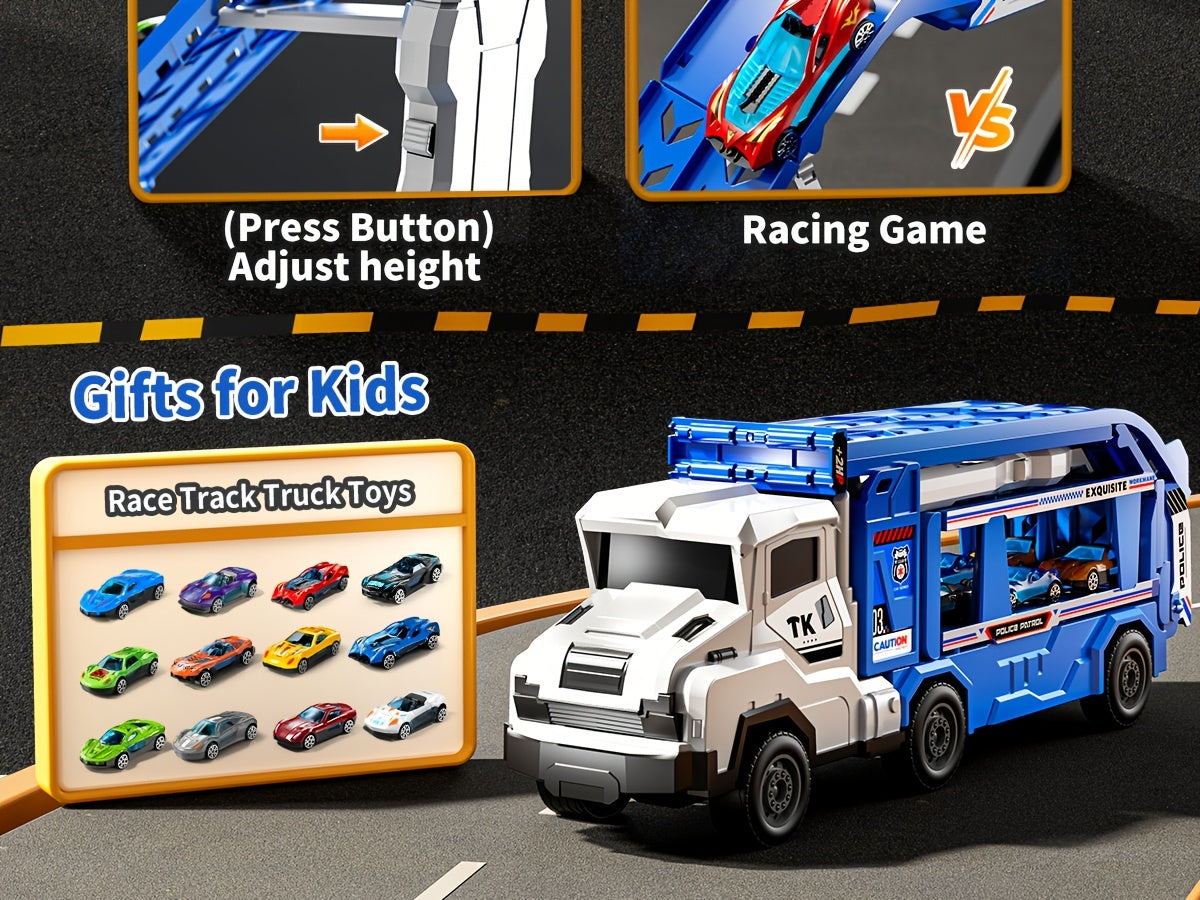 3-in-1 Kids Carrier Truck Toy with Car Tracks, 12 Racing Cars, Foldable Race Track & Garage – Toddler Birthday Gift for Boys Girls Ages 3+, Blue