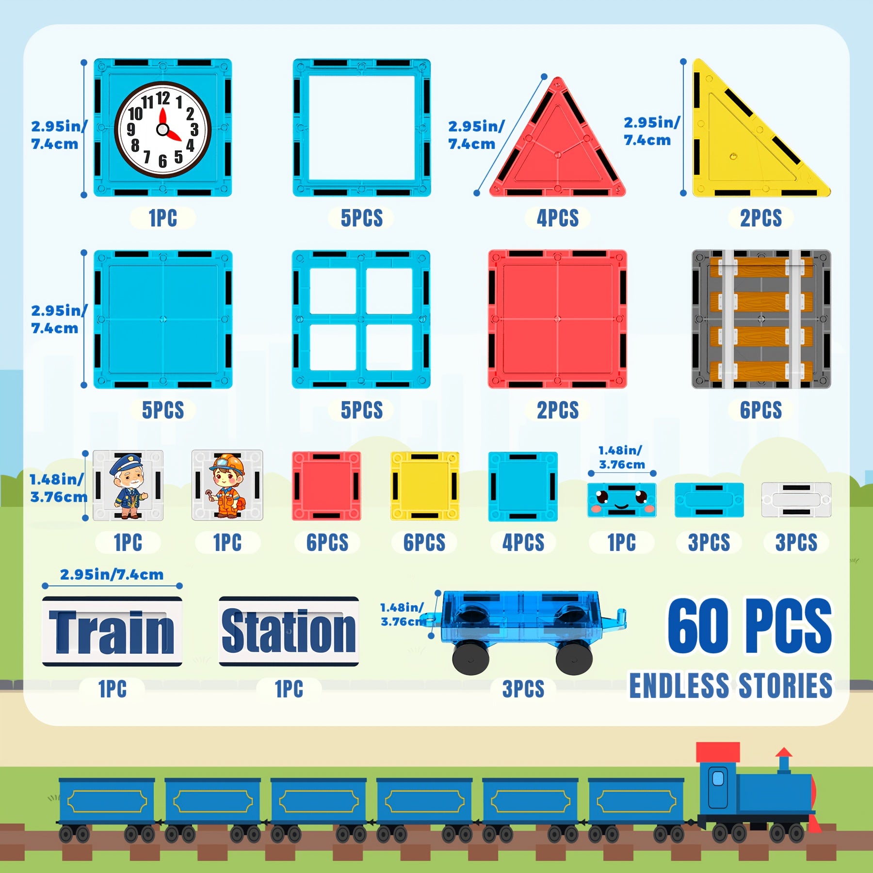 Magnetic Train Station Building Set 60pcs with Railway Tracks Train Clock Tower Trees STEM Educational Toy for Toddlers Kids Ages 3 4 5 6 - Gift