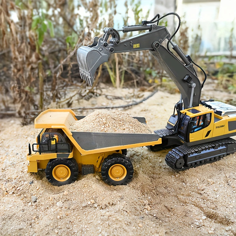 Alloy Construction Truck Toy 1:24 Scale – Bulldozer, Dump Truck & Excavator with 11-Channel Control, Sound Effects, Indoor Outdoor Engineering Vehicle Gift for Boys & Girls