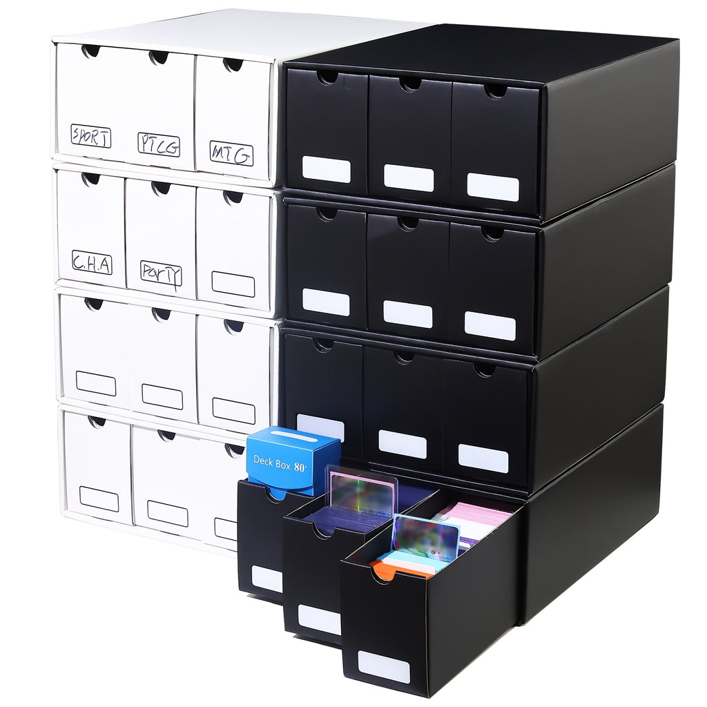 Trading Card Storage Box 12 Drawer Organizer with 50 Dividers for Pokemon Sports Baseball TCG MTG Yu-Gi-Oh Collector Gift Black White Christmas Birthday