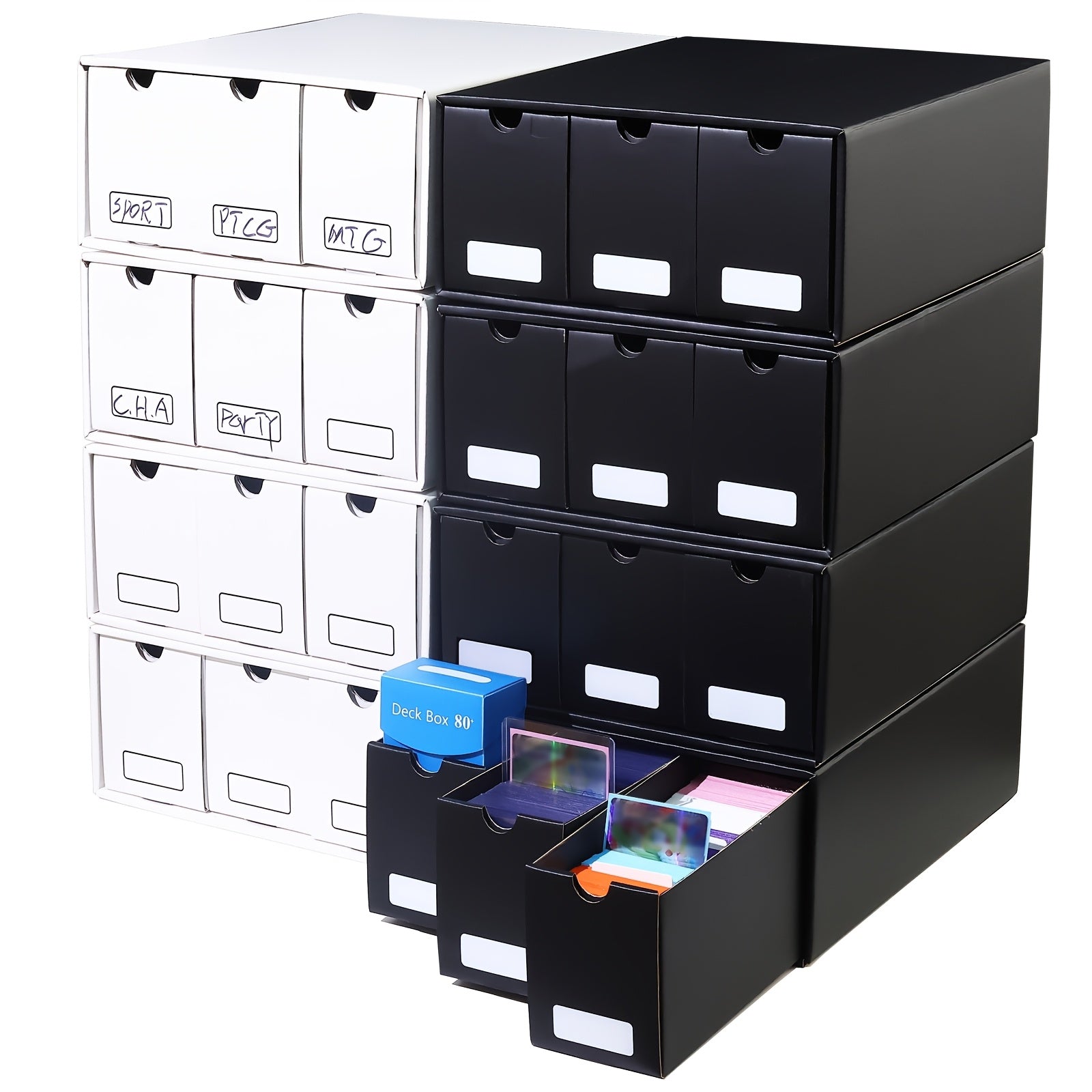 Trading Card Storage Box 12 Drawer Organizer with 50 Dividers for Pokemon Sports Baseball TCG MTG Yu-Gi-Oh Collector Gift Black White Christmas Birthday
