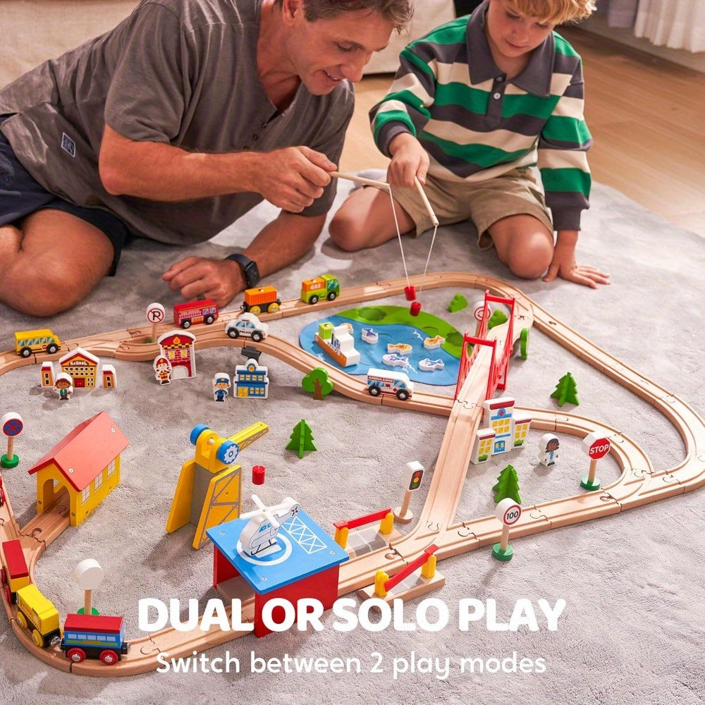 110pcs Wooden Train Set City Scene Railway – 6 Magnetic Trains, 7 City Themes, Helicopter, Ship & Vehicles, Compatible with All Brands, Birthday Christmas Gift for Kids