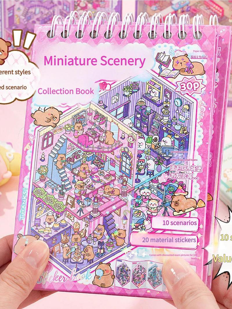 3D Sticker Book for Adults, DIY Miniature House and Shop Scenes with Cute Cartoon Animals, Isometric Sticker Craft with Tweezers