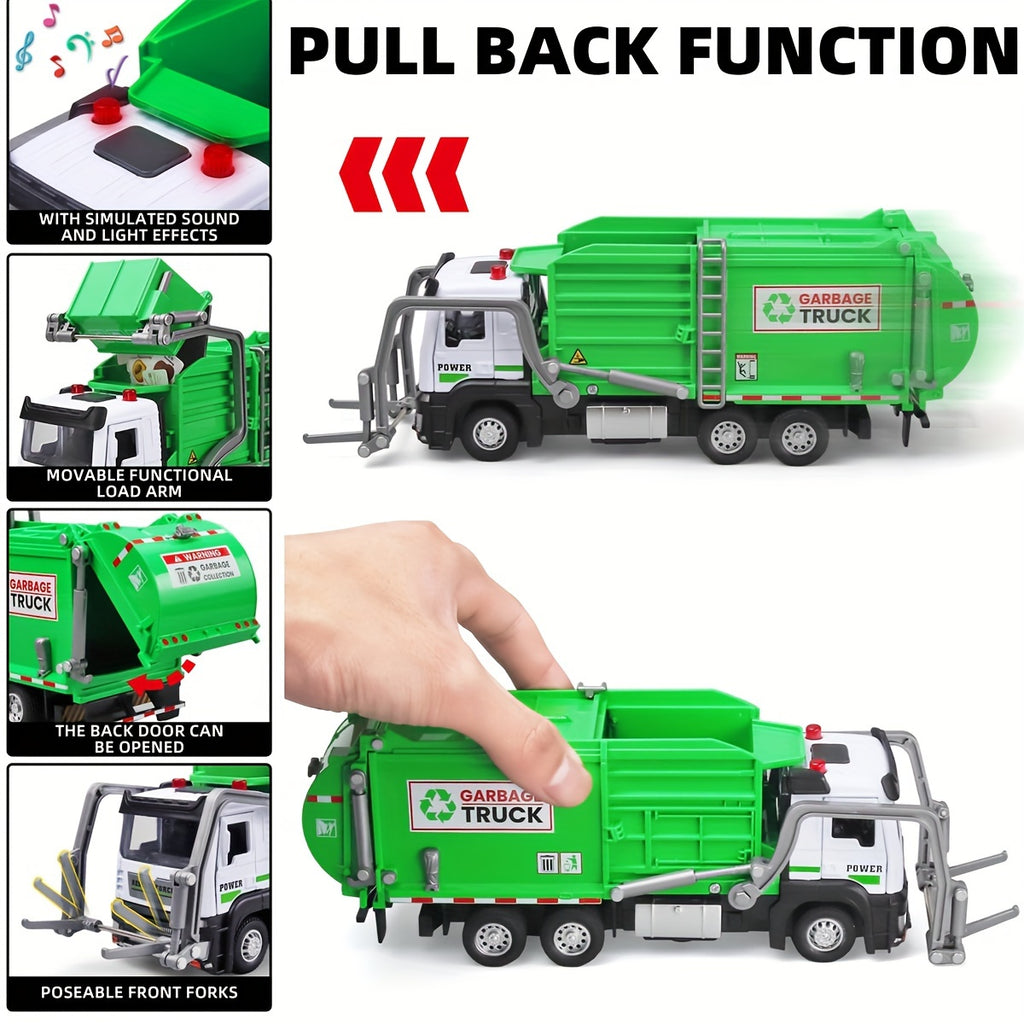 Garbage Truck Toy with Sound & Light for Kids – Includes 4 Trash Sorting Bins, Sanitation Engineering Vehicle Model, Fun Recycling Play Gift for Boys & Girls Ages 3+