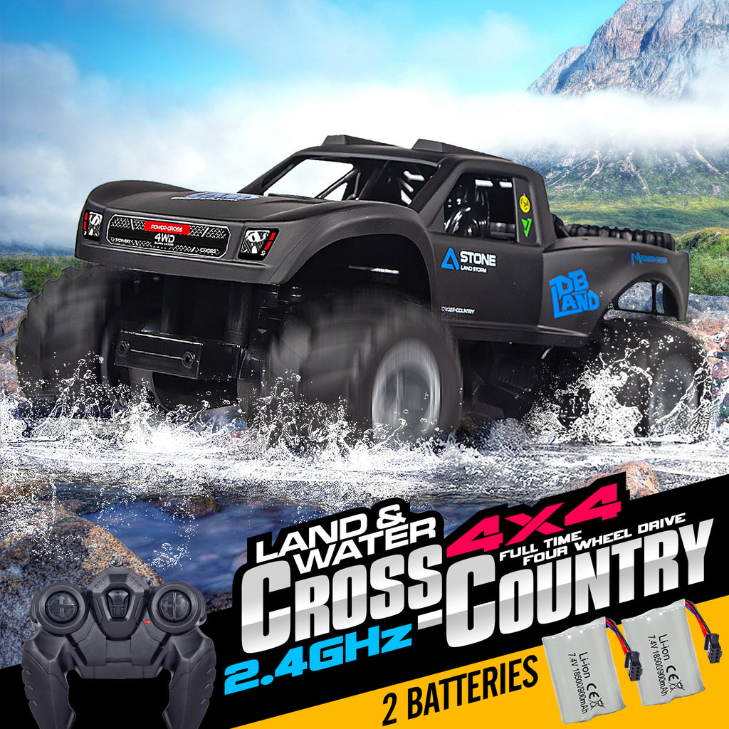 Amphibious RC Monster Truck 1:16 Scale 4WD Waterproof - 2 Rechargeable Batteries, All Terrain Off-Road RC Car for Kids Boys Ages 4-7, Birthday Gift