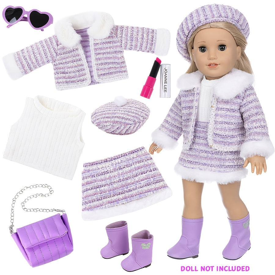 18 Inch Doll Knitted Clothes Outfit Set – Hat, Jacket, Skirt, Lipstick, Shoes, Socks & Sunglasses for 16-18 Inch Baby & Reborn Dolls, Pink & Purple, Complete 7-Piece Fashion Gift for Girls Ages 3+