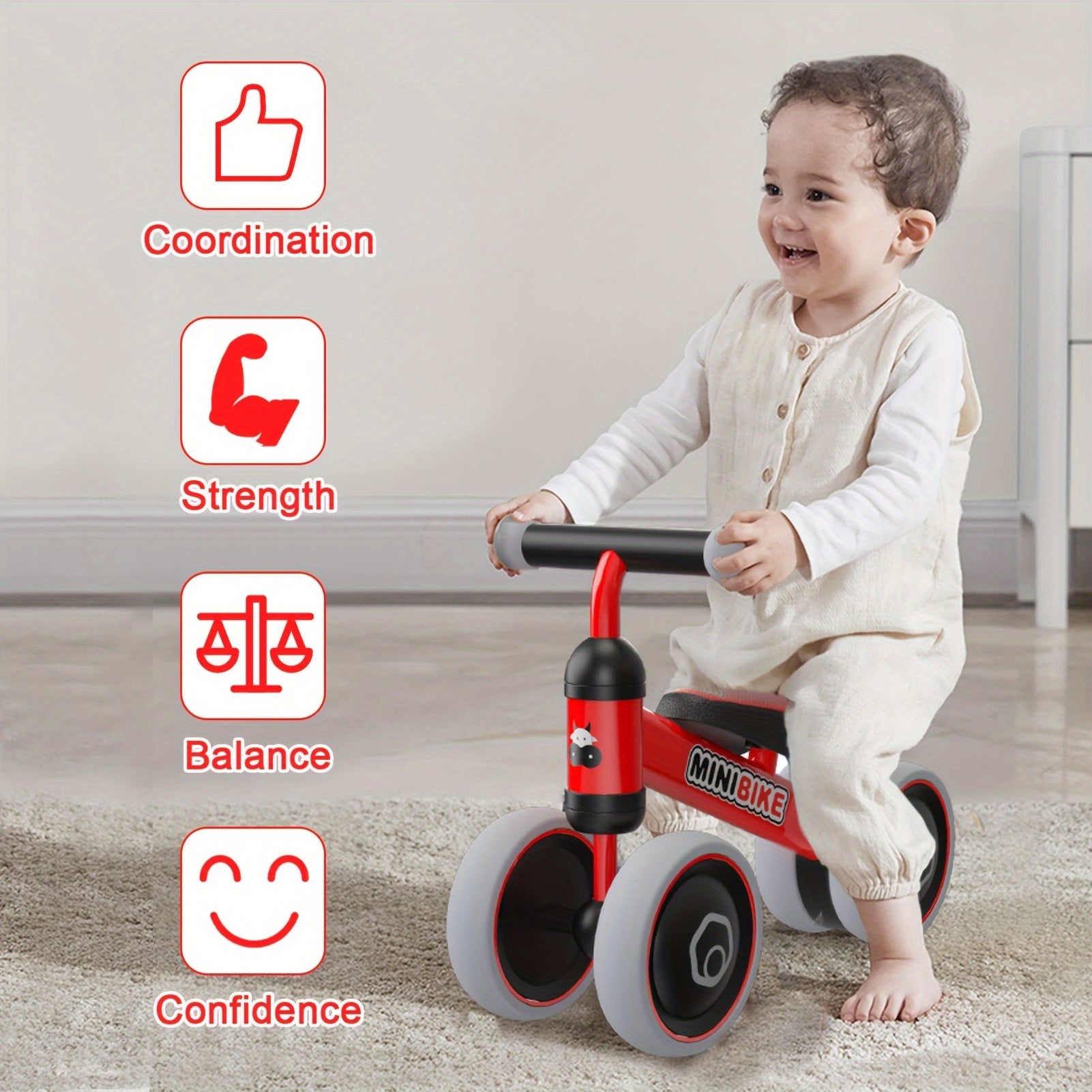 4-Wheel Baby Balance Bike for Toddlers 1-3 Years Old No Pedal Infant Ride On Toy - Foot to Floor Push Bike for Boys Girls, Best First Birthday Gift, Indoor Outdoor Beginner Riding Toy