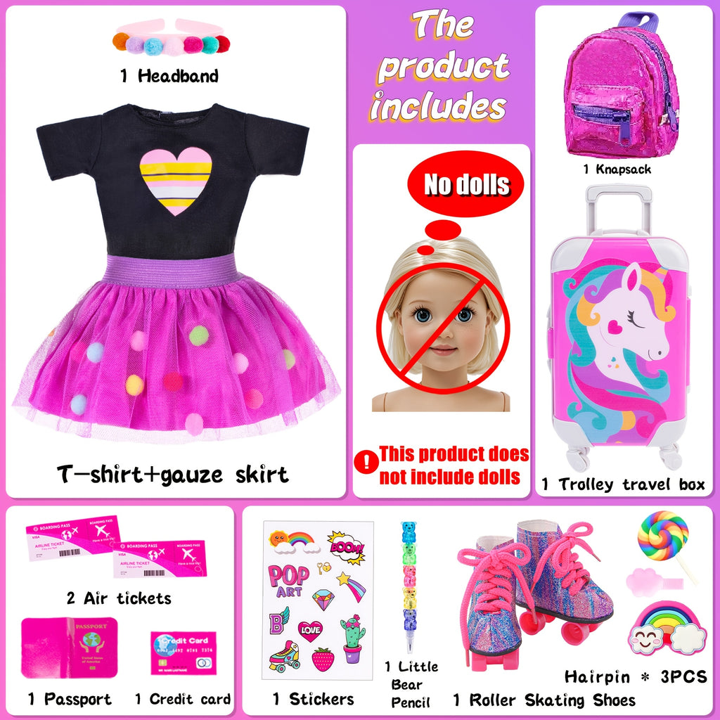 18 Inch Doll Travel Set 25 Piece Unicorn Accessories – Suitcase Roller Skates Outfit Backpack Passport for 18 Inch Dolls No Doll Girls Ages 3+ Birthday Christmas Gift