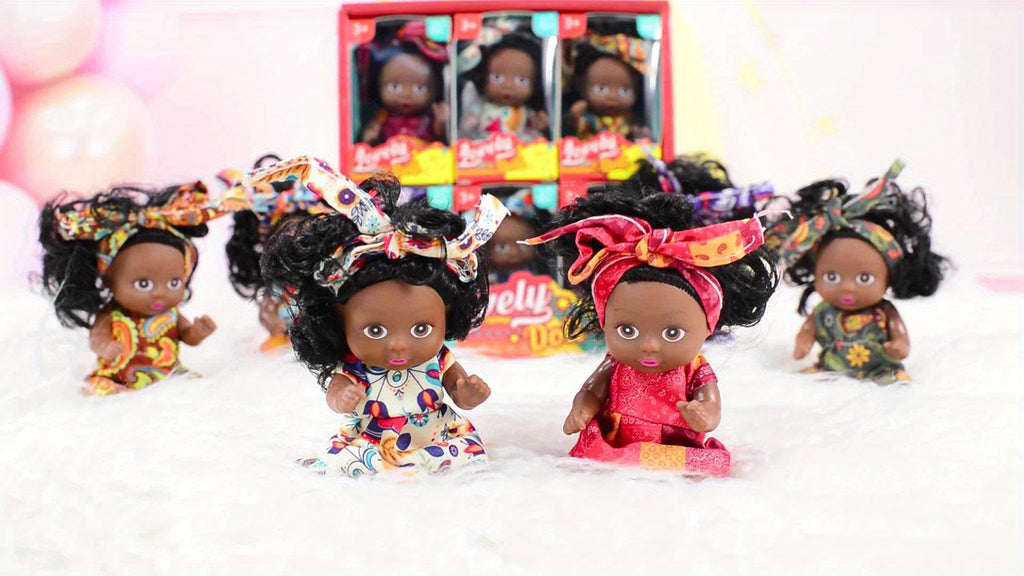 Black Baby Dolls 6 Pack Mini 4.5 Inch Curly Hair Flower Pajamas Poseable Head Hands Feet Gift Box Set Kids Birthday Christmas Holiday Gift Ages 3+