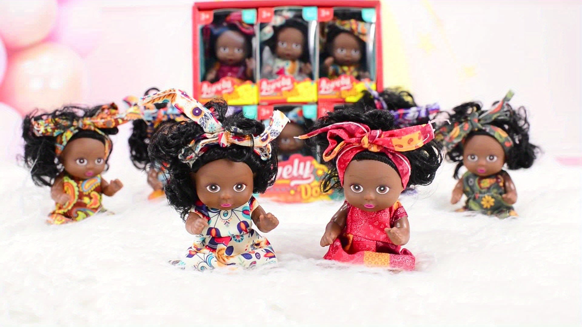 Black Baby Dolls 6 Pack Mini 4.5 Inch Curly Hair Flower Pajamas Poseable Head Hands Feet Gift Box Set Kids Birthday Christmas Holiday Gift Ages 3+