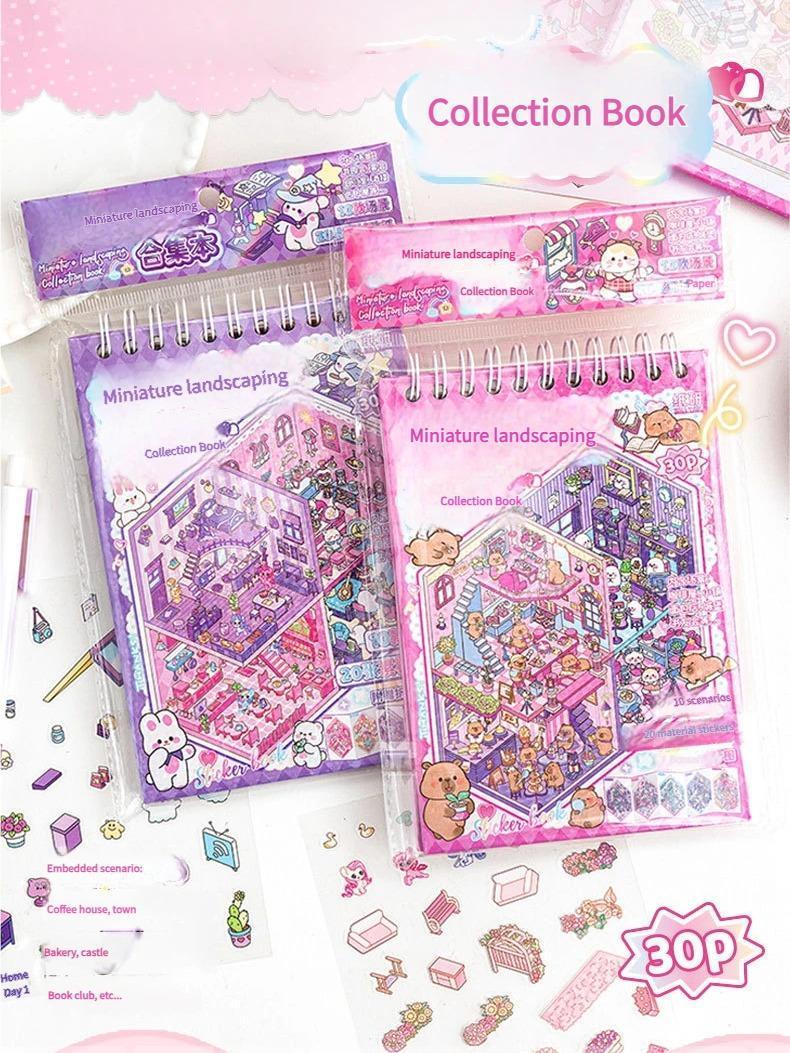 3D Sticker Book for Adults, DIY Miniature House and Shop Scenes with Cute Cartoon Animals, Isometric Sticker Craft with Tweezers