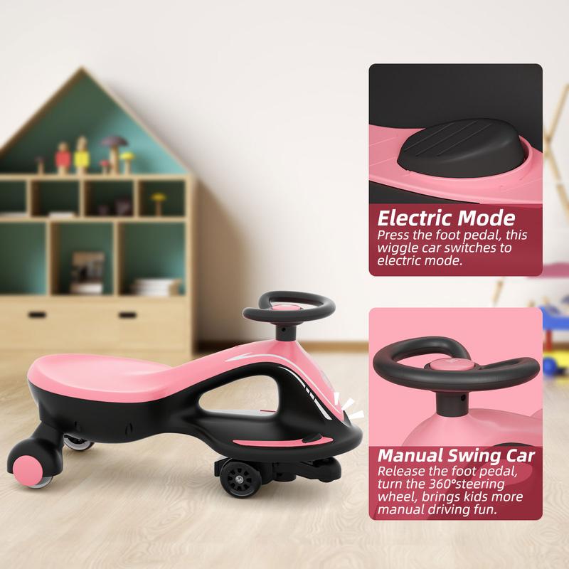 2-in-1 Electric Wiggle Car, KORIMEFA Rechargeable Kids Ride-On with Manual Mode, Light-Up PU Wheels, 360° Steering & 66 lb Capacity