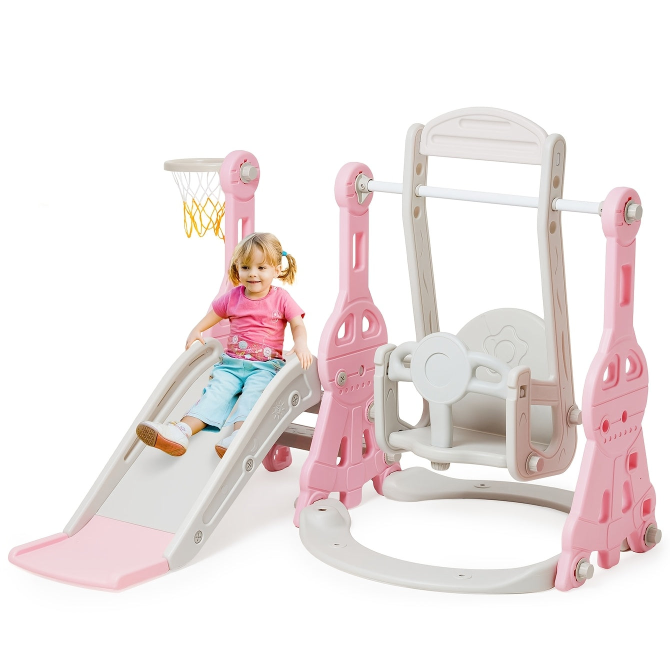 4-in-1 Toddler Slide and Swing Set with Climber Basketball Hoop Indoor Outdoor Backyard Playset for Kids Ages 1-3