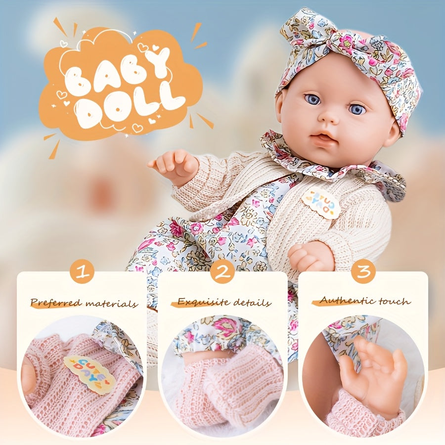 12 Inch Dress-Up Baby Doll Set with Floral Clothes Headscarf Socks & Toy Rabbit – Vinyl Girl Doll Playset for Kids Ages 3+ Birthday Christmas Gift (Beige & Pink)