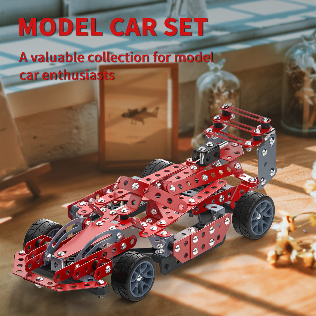 STEM Building Kit Model Car Set 287 Piece Motorized Vehicle for Kids – Assembly Toy with All-Terrain Tires & Openable Hood, Blue Airplane Red Car Green Truck, Birthday Christmas Gift Boys Ages 6+