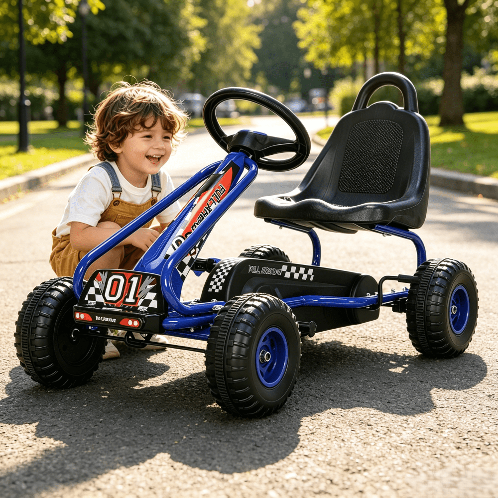 Kids Pedal Go Kart 4-Wheel Ride On Car Adjustable Seat Handbrake Non-Slip Wheels No Battery Outdoor Racing Toy Boys Girls Ages 3 4 5 6 Birthday Christmas Gift