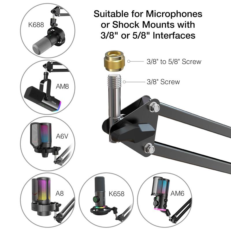 Microphone Boom Arm FIFINE CS1, 13-Inch Scissor Suspension Stand with Desk C-Clamp and 3/8 to 5/8-Inch Adapter for Streaming and Recording