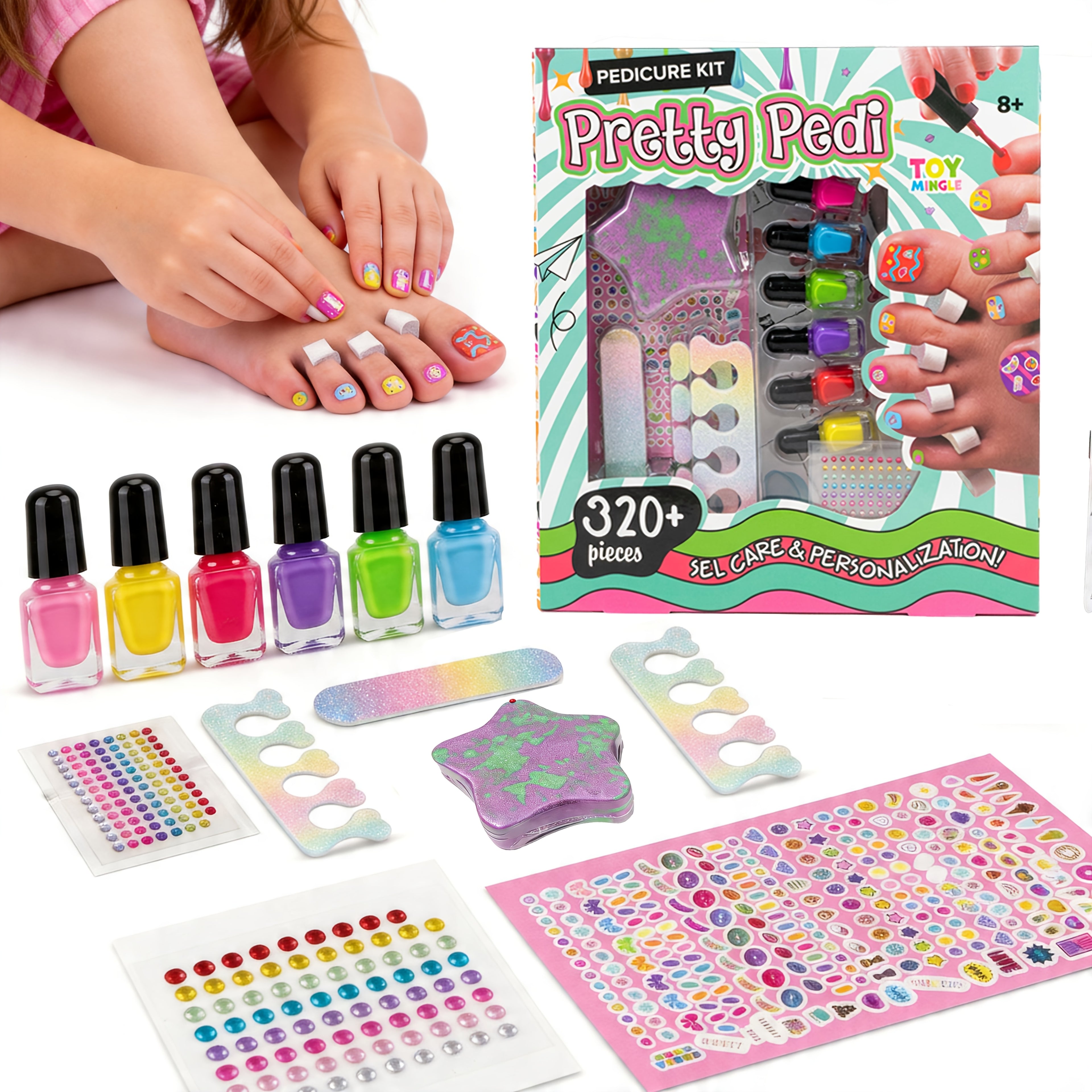 Pedicure Spa Play Set for Girls 320 Pieces Pretend Nail Salon Kit with Colorful Polishes Stickers Spa Party Self Care Toy Birthday Gift Ages 8 and Up