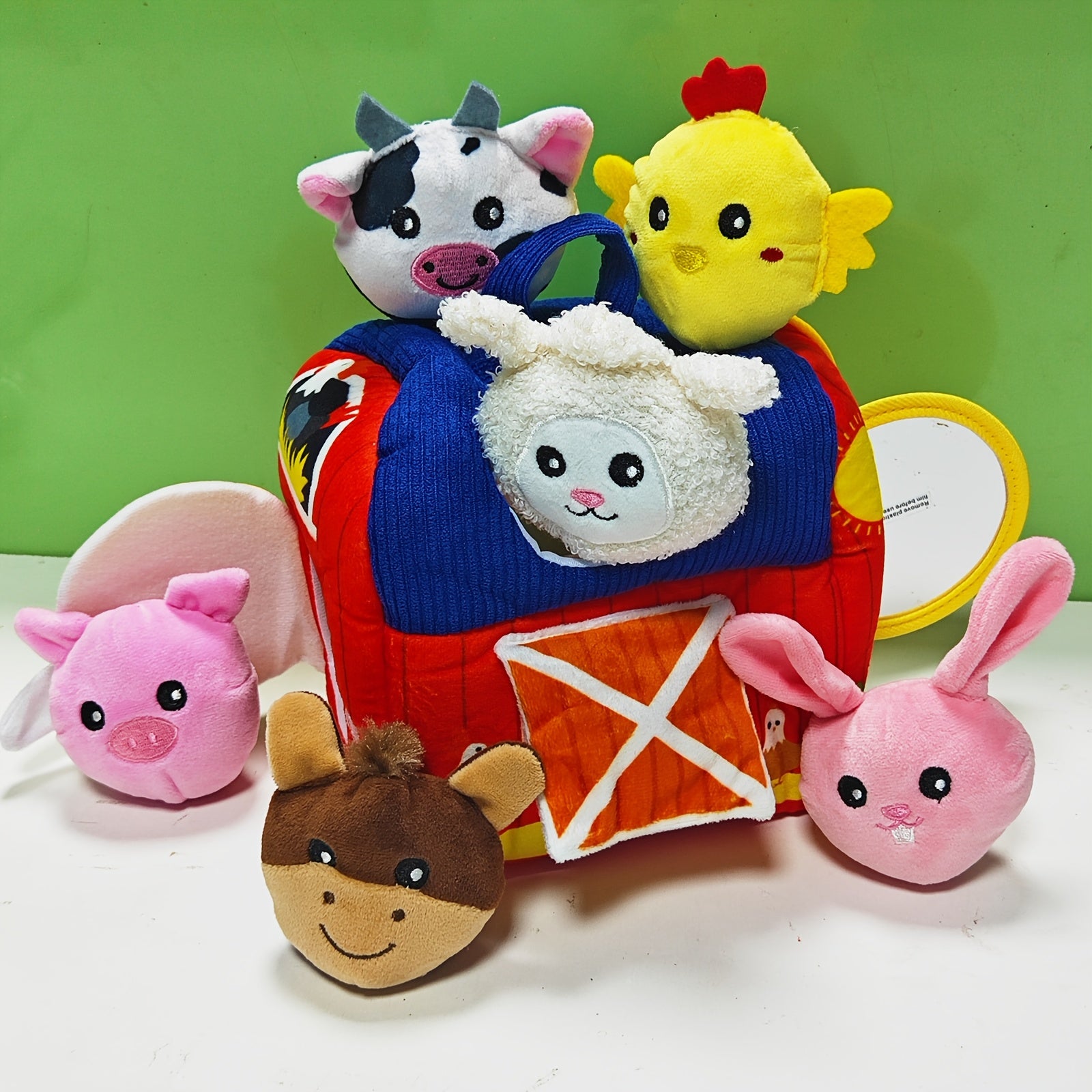 Portable Farm Playset for Babies & Toddlers – 6 Plush Animals with Barn, Rattle, Crinkle & Mirror, Sensory Learning Toy Ages 0+, Baby Shower Birthday Gift for Boys Girls