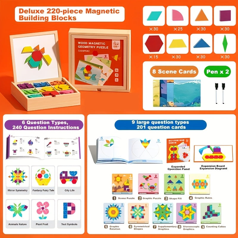 Magnetic Wooden Puzzle for Kids Ages 3-8 – Creative Geometric Shape Building Blocks STEM Educational Toy 128-280 Pieces