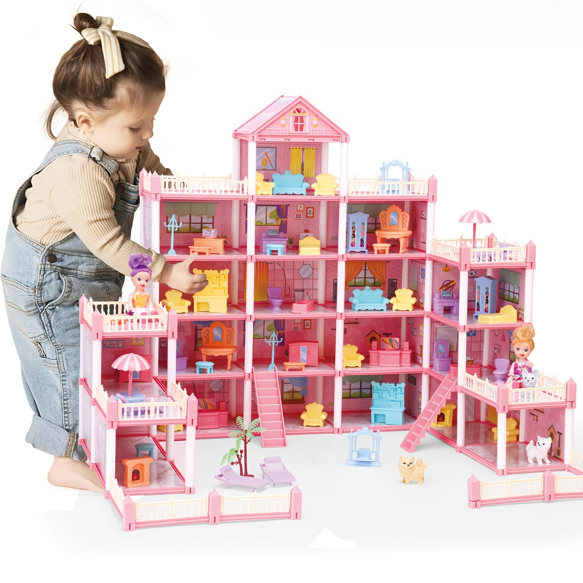 Dollhouse Princess Castle with Furniture – 11 to 27 Room Doll Villa Play Set for Girls Logical Thinking Toy Birthday Christmas Gift Kids Ages 3+ Pink Blue