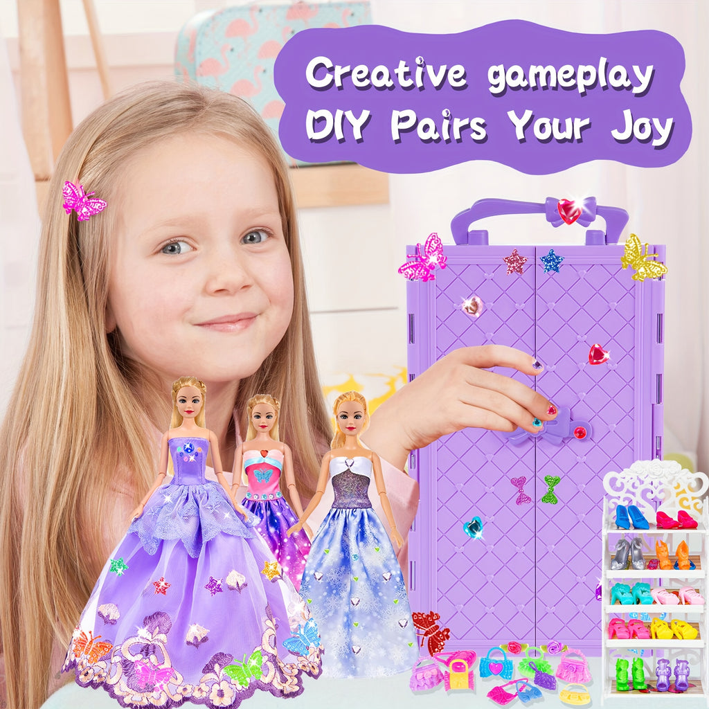 Doll Closet Wardrobe Playset 91pcs for 11.5 Inch Dolls – Princess Gowns Dresses Swimsuits Shoes Handbags Accessories & DIY Stickers Gift for Girls Ages 3+