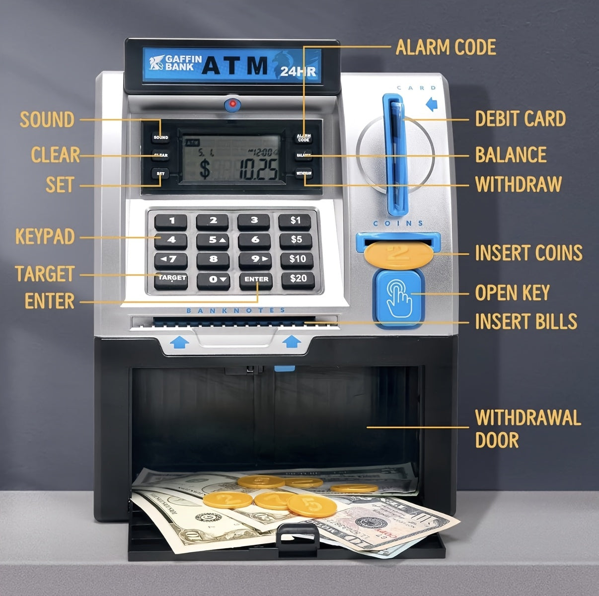 Electronic Money Bank with Debit Card Cash Scanning - ATM Savings Box Coin Bill Slot Balance Calculator Digital Password Safe Kids Gift