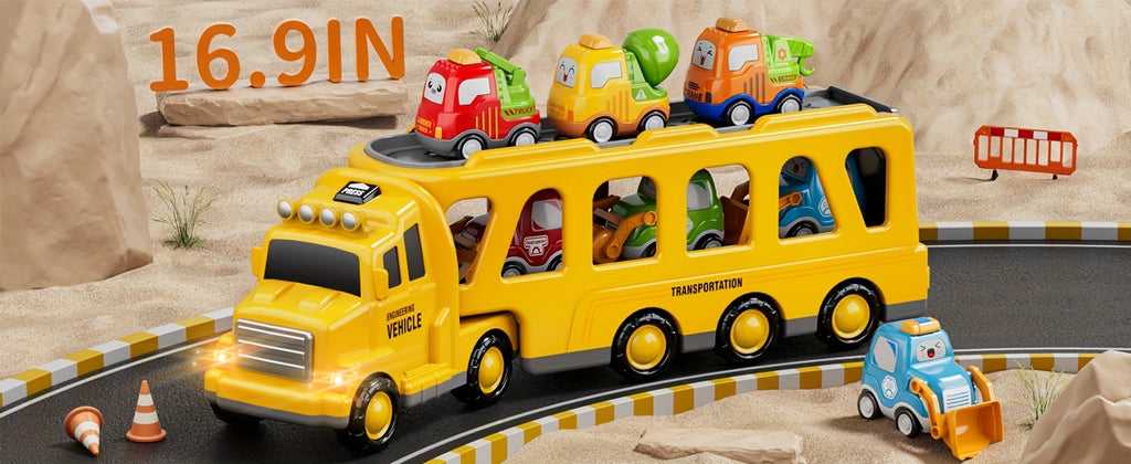 Transport Carrier Truck Toy 16.9 Inch with 6 Mini Cars Lights Sounds Construction Vehicle Playset for Kids Boys Girls Toddlers Ages 3+ Birthday Christmas Gift