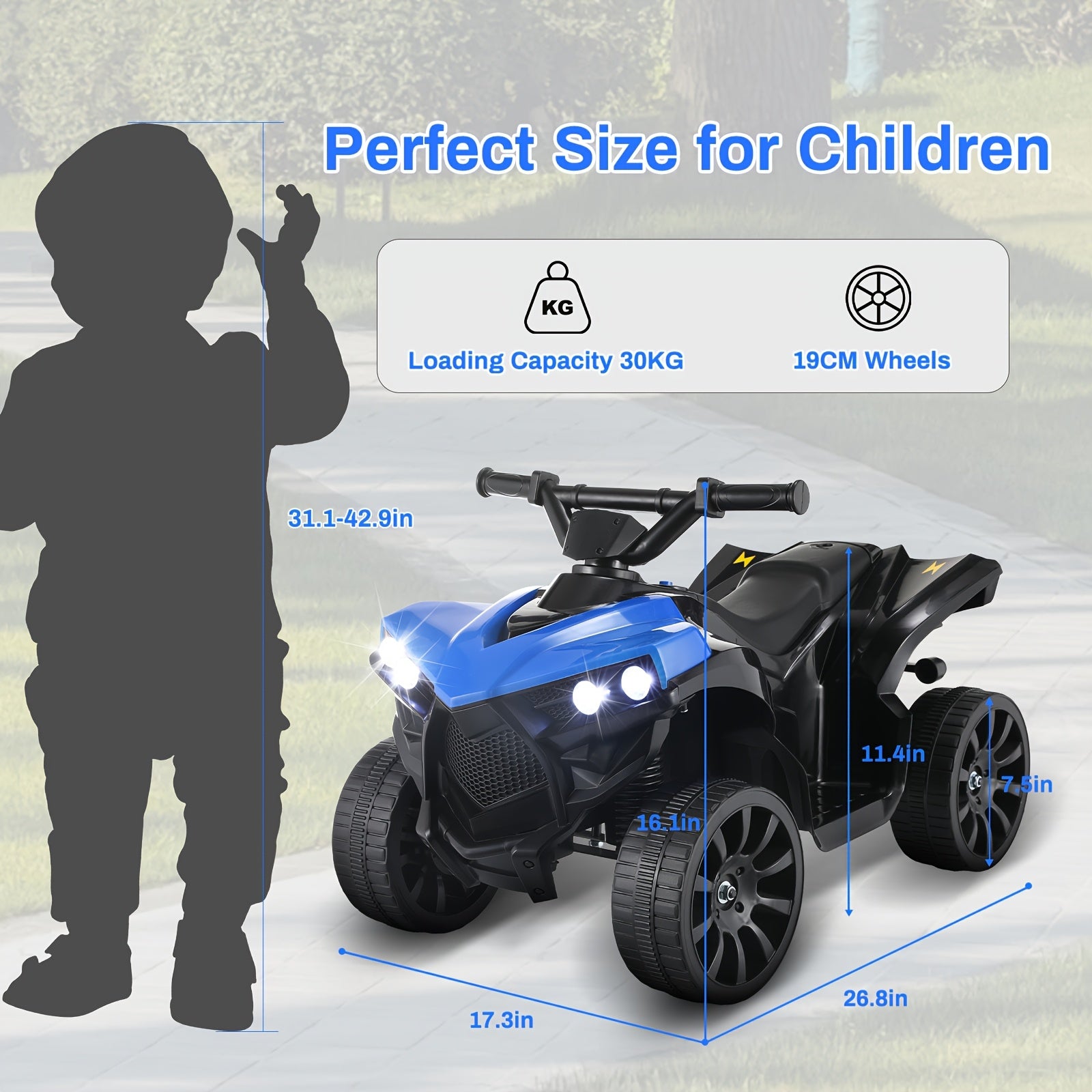 Kids Electric ATV Ride On Quad with Headlights & Pedal Accelerator - All-Terrain Anti-Slip Tires 55LB 1.86 MPH - Birthday Christmas Halloween Gift for Boys Girls Toddlers
