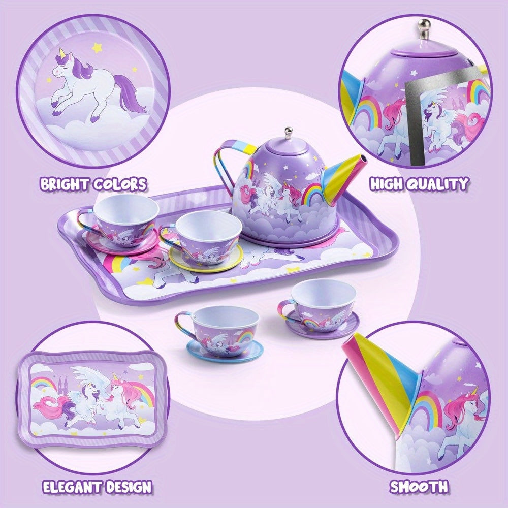 Unicorn Tea Party Set for Girls, Purple Tin Teapot Cups & Plates Pretend Play Kitchen Toy, Birthday Easter Gift for Toddlers Girls Ages 3+