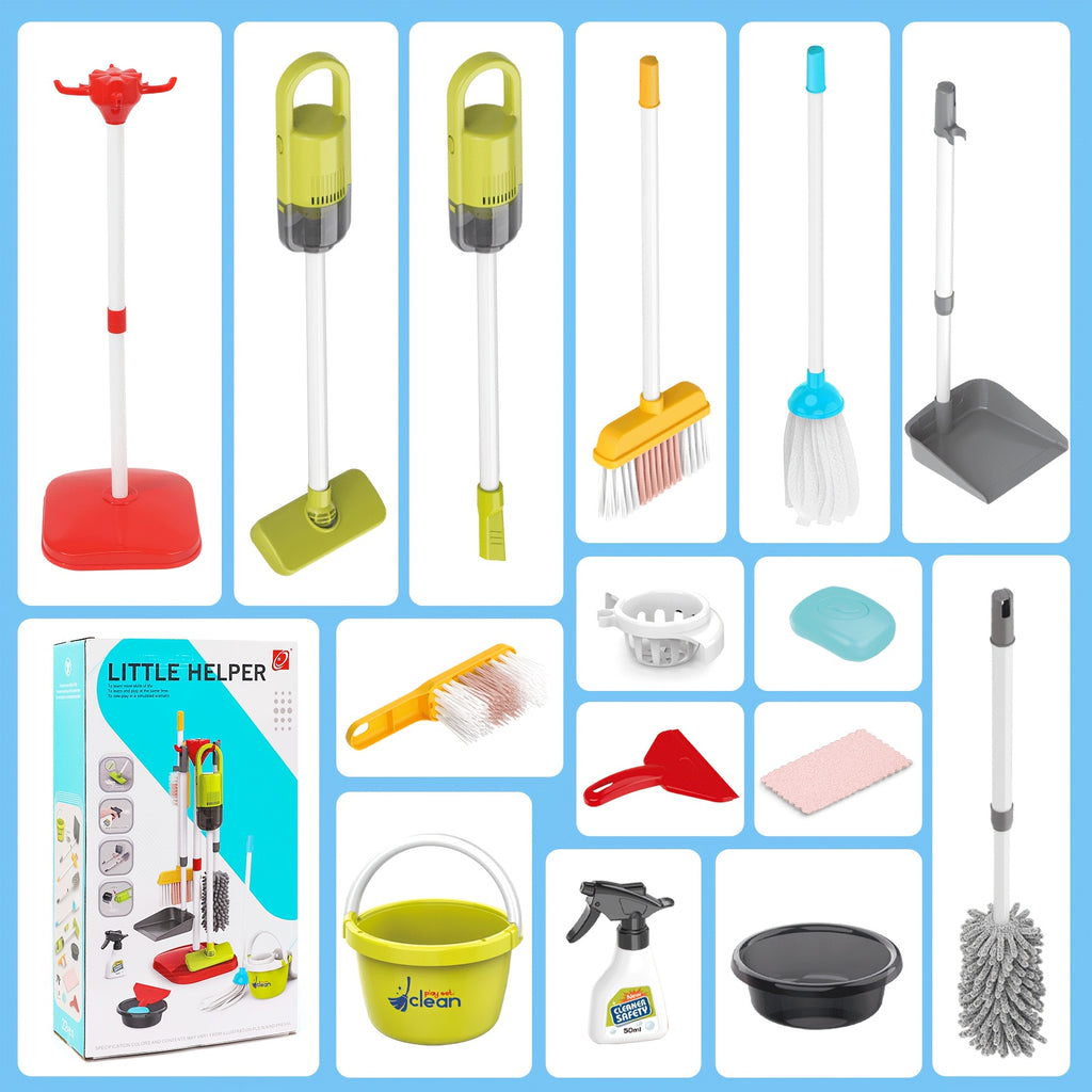 Kids Pretend Play Cleaning Toy Set with Electric Vacuum Cleaner Broom Dustpan Mop & Duster – Home Cleaning Playset for Toddlers Boys & Girls Birthday Gift